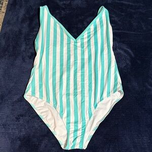 Teal Striped One-Piece Swimsuit - Teal and White